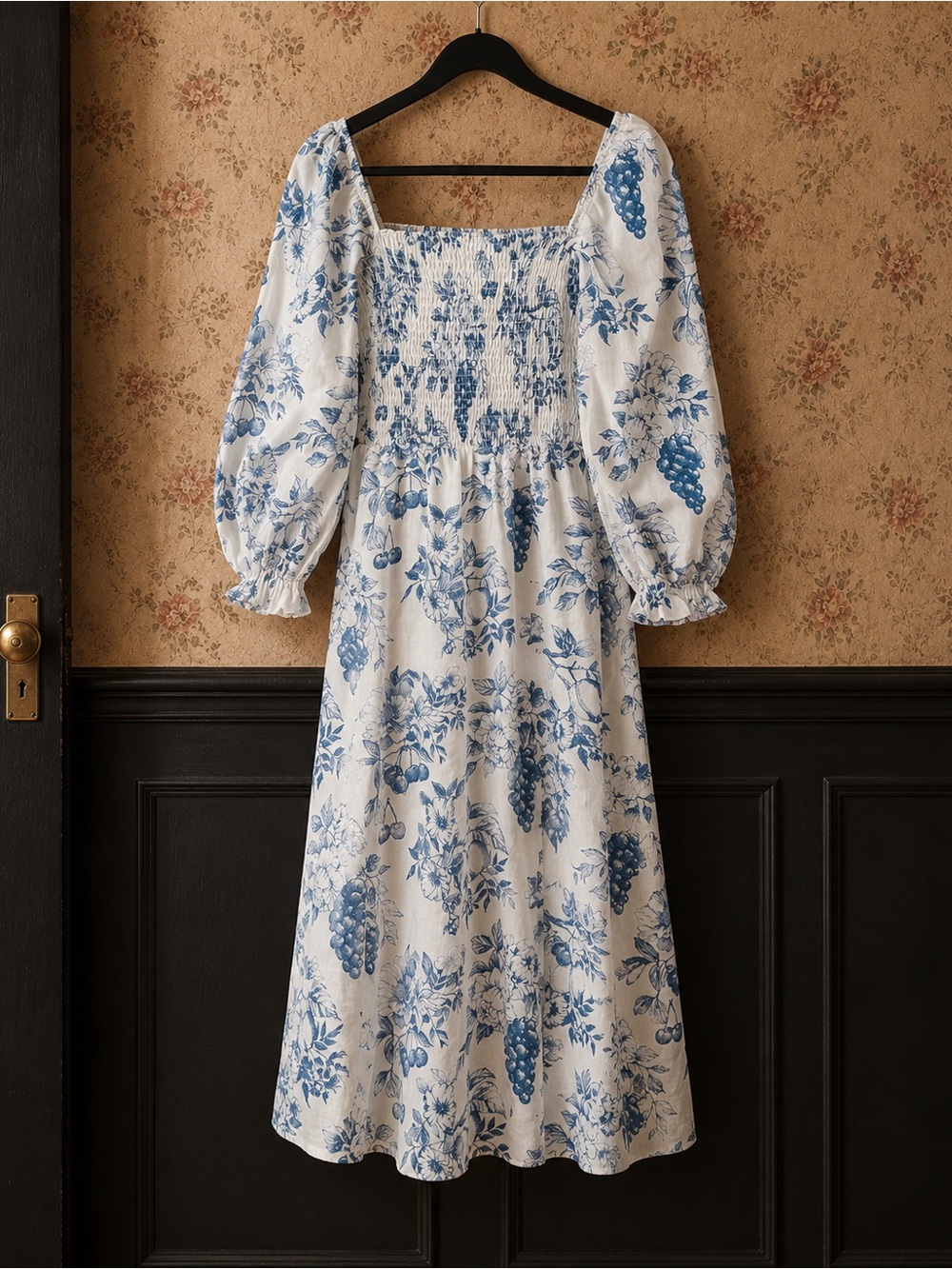 Reformation Smocked Square-Neck Midi Dress in Blue Floral
